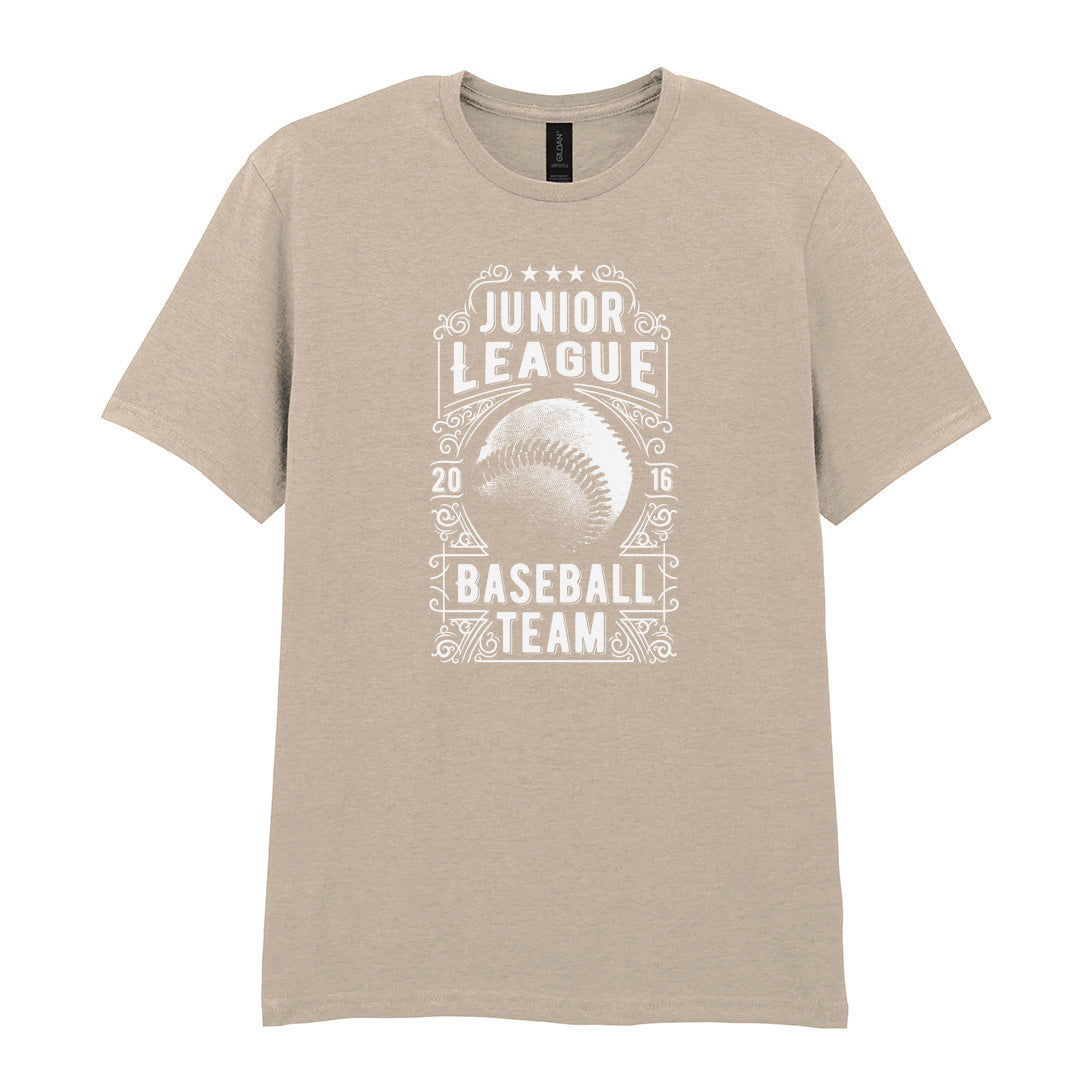 IPRINTOP Junior League Baseball Team Graphic T-Shirt in Sand - ornate baseball badge