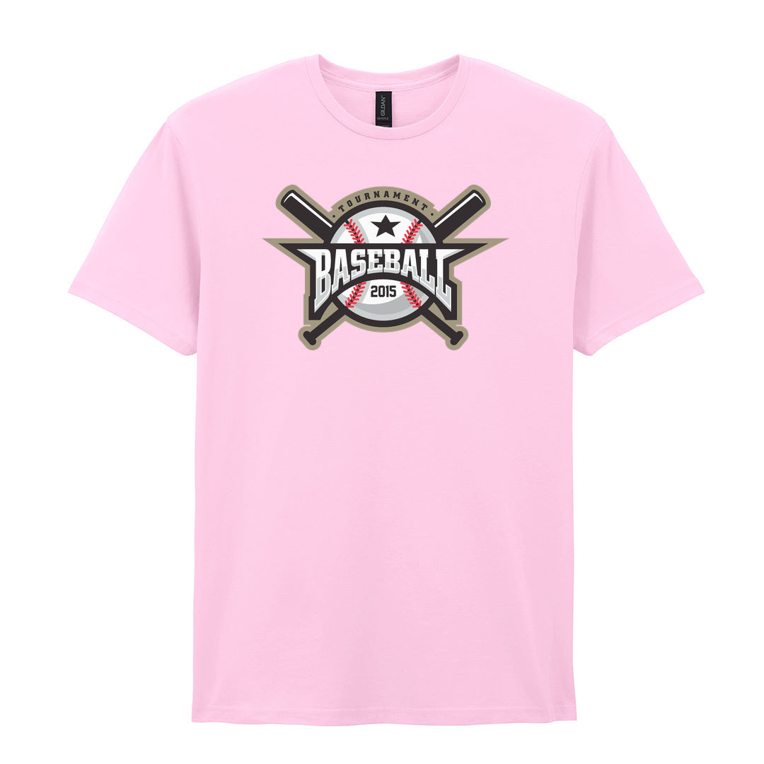 IPRINTOP Embrace the Baseball Spirit - Design 1 Graphic T-Shirt in Light Pink - crossed bats and 2015 badge