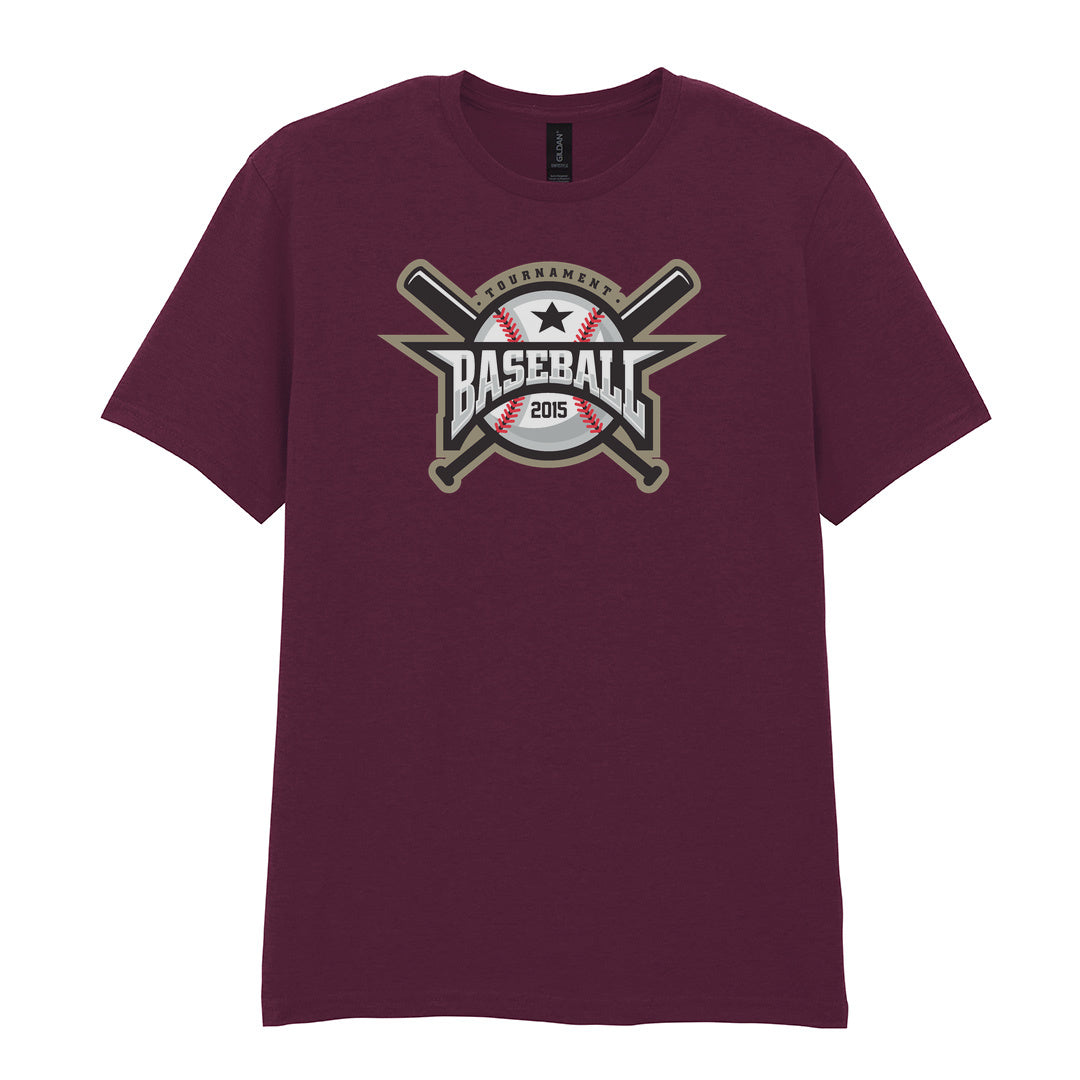 IPRINTOP Embrace the Baseball Spirit - Design 1 Graphic T-Shirt in Maroon - crossed bats and 2015 badge