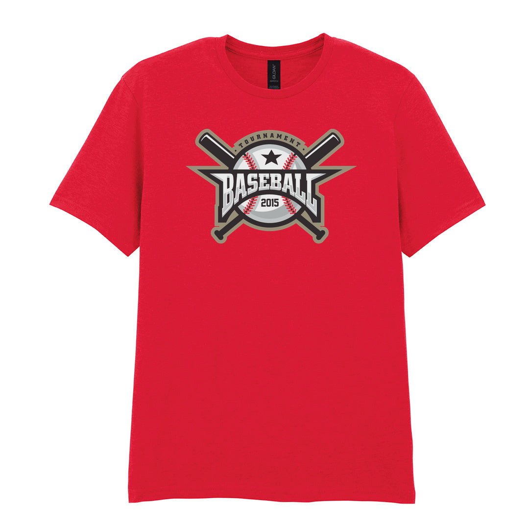 IPRINTOP Embrace the Baseball Spirit - Design 1 Graphic T-Shirt in Red - crossed bats and 2015 badge