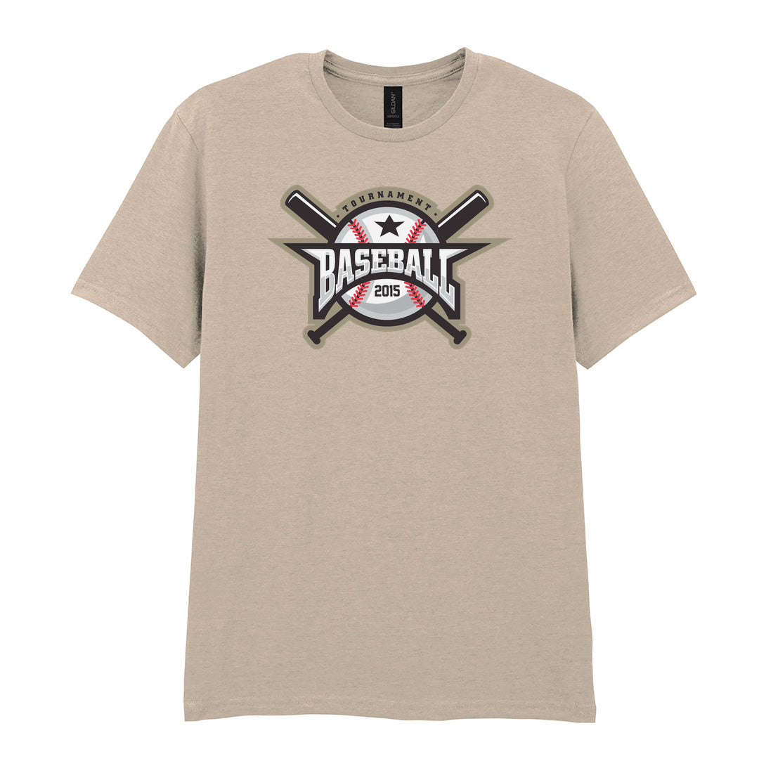 IPRINTOP Embrace the Baseball Spirit - Design 1 Graphic T-Shirt in Sand - crossed bats and 2015 badge