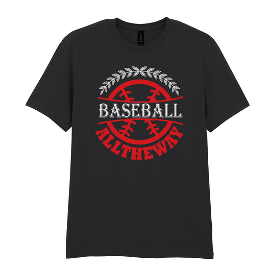 IPRINTOP Baseball All The Way Emblem Graphic T-Shirt in Black - red baseball and white leaf wreath