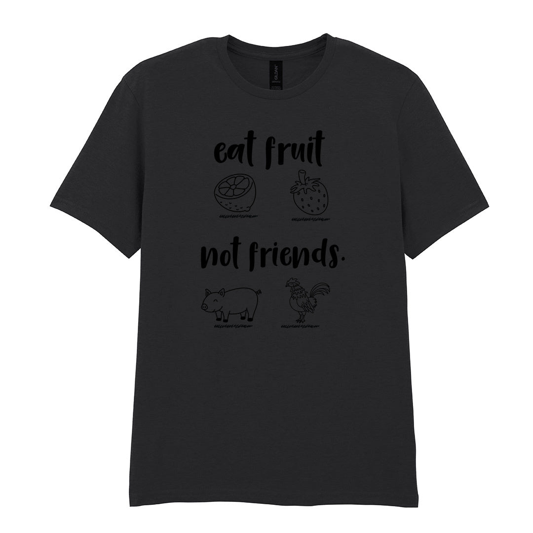 IPRINTOP Eat Fruit Not Friends Graphic T-Shirt in Black - fruit, pig and chicken illustrations
