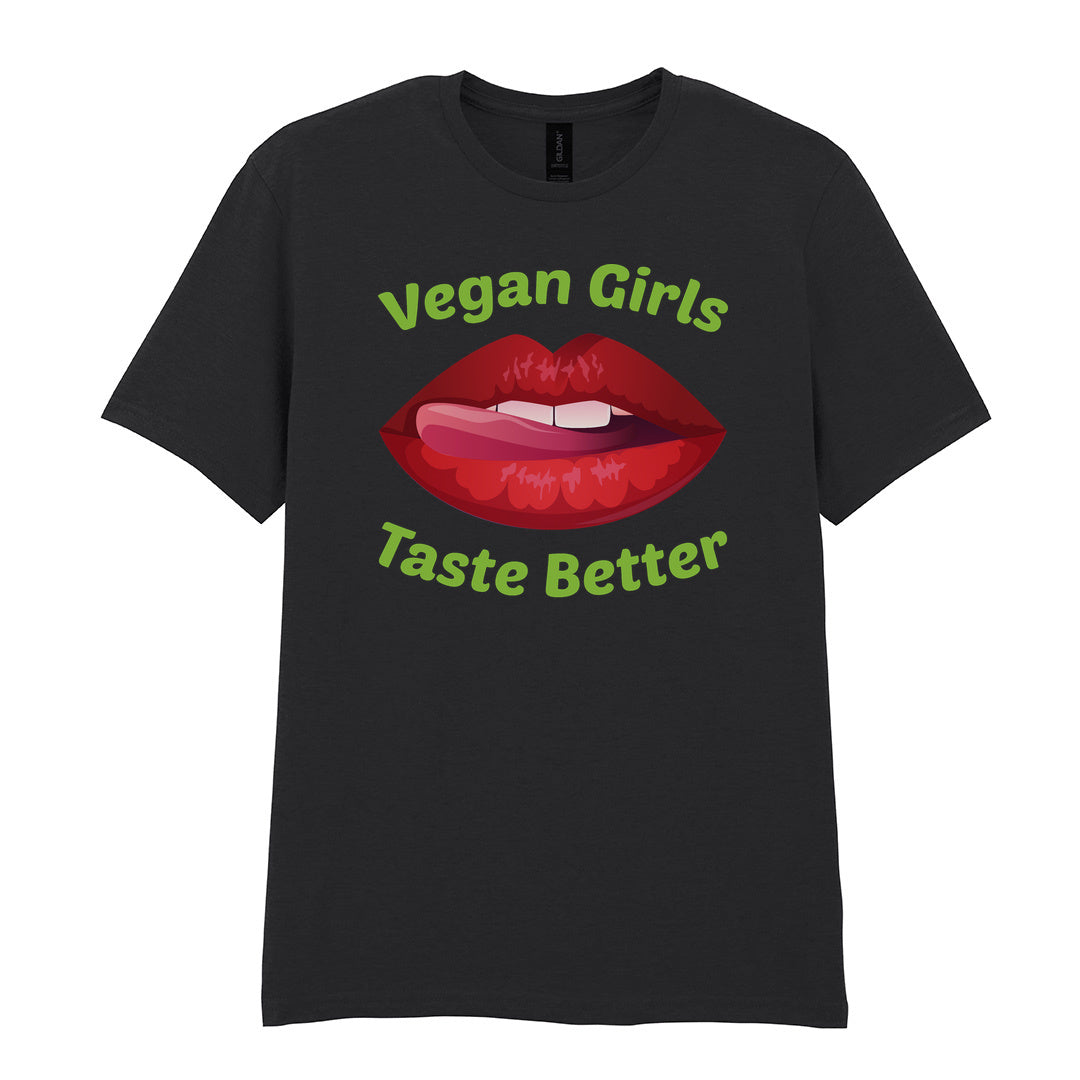 IPRINTOP Vegan Girls Taste Better Graphic T-Shirt in Black - red lips and green lettering