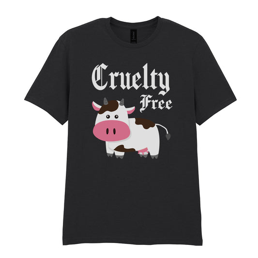 IPRINTOP Cruelty-Free Graphic T-Shirt in Black - cartoon cow and Cruelty Free lettering