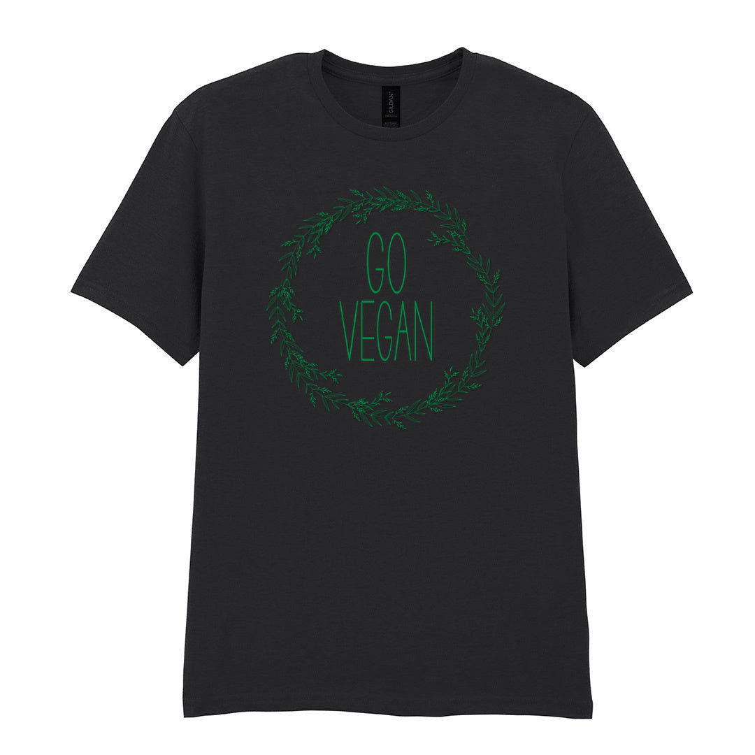 IPRINTOP Go Vegan Graphic T-Shirt in Black - Go Vegan lettering in a leafy wreath