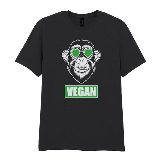 IPRINTOP Embrace Vegan Vibes Graphic T-Shirt in Black - ape with green heart-shaped glasses