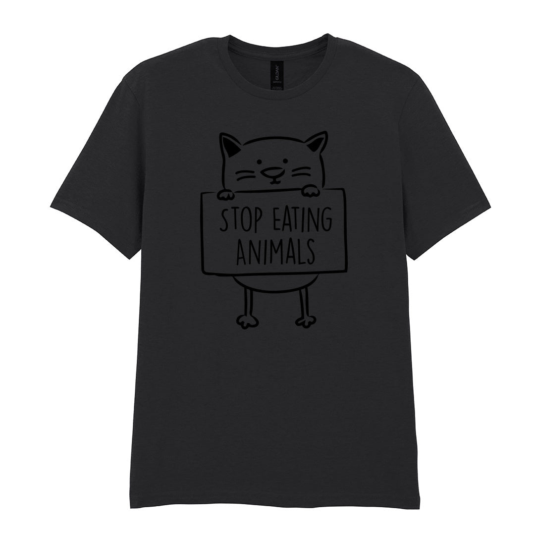 IPRINTOP Stop Eating Animals Graphic T-Shirt in Black - cat holding Stop Eating Animals sign