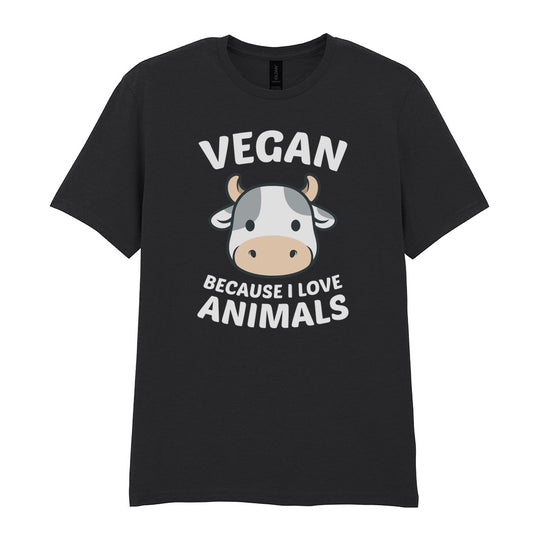IPRINTOP Vegan Because I Love Animals Graphic T-Shirt in Black - cartoon cow and animal-loving slogan