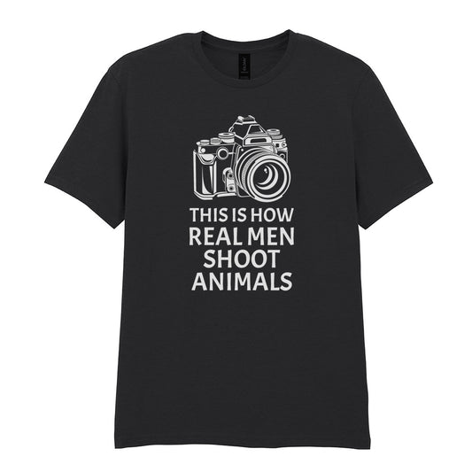 IPRINTOP This Is How Real Men Shoot Animals Graphic T-Shirt in Black - camera and animal photography slogan