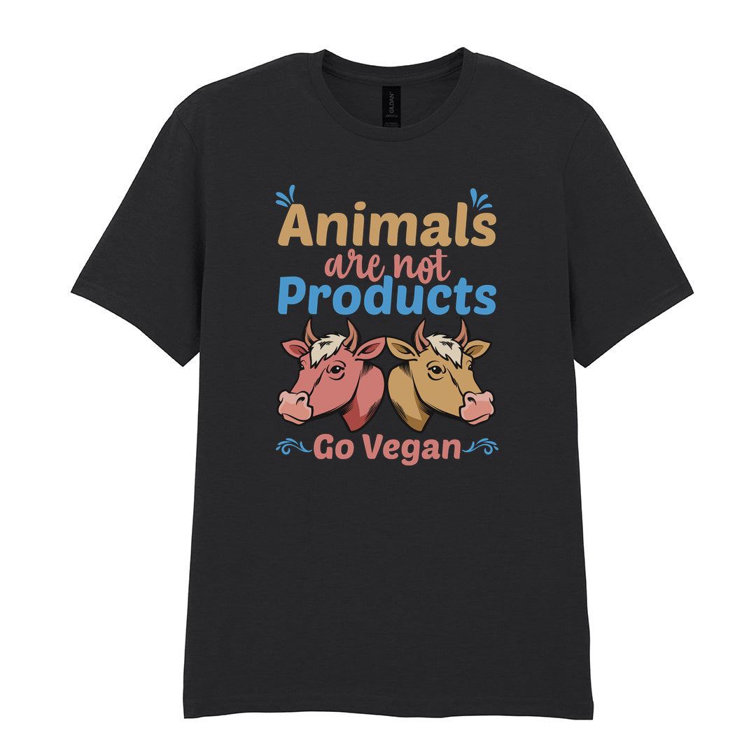 IPRINTOP Animals Are Not Products Go Vegan Graphic T-Shirt in Black - two cows and colourful lettering