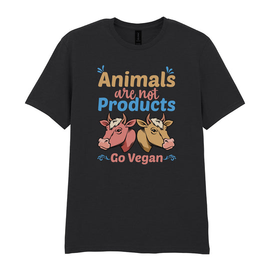 IPRINTOP Animals Are Not Products Go Vegan Graphic T-Shirt in Black - two cows and colourful lettering