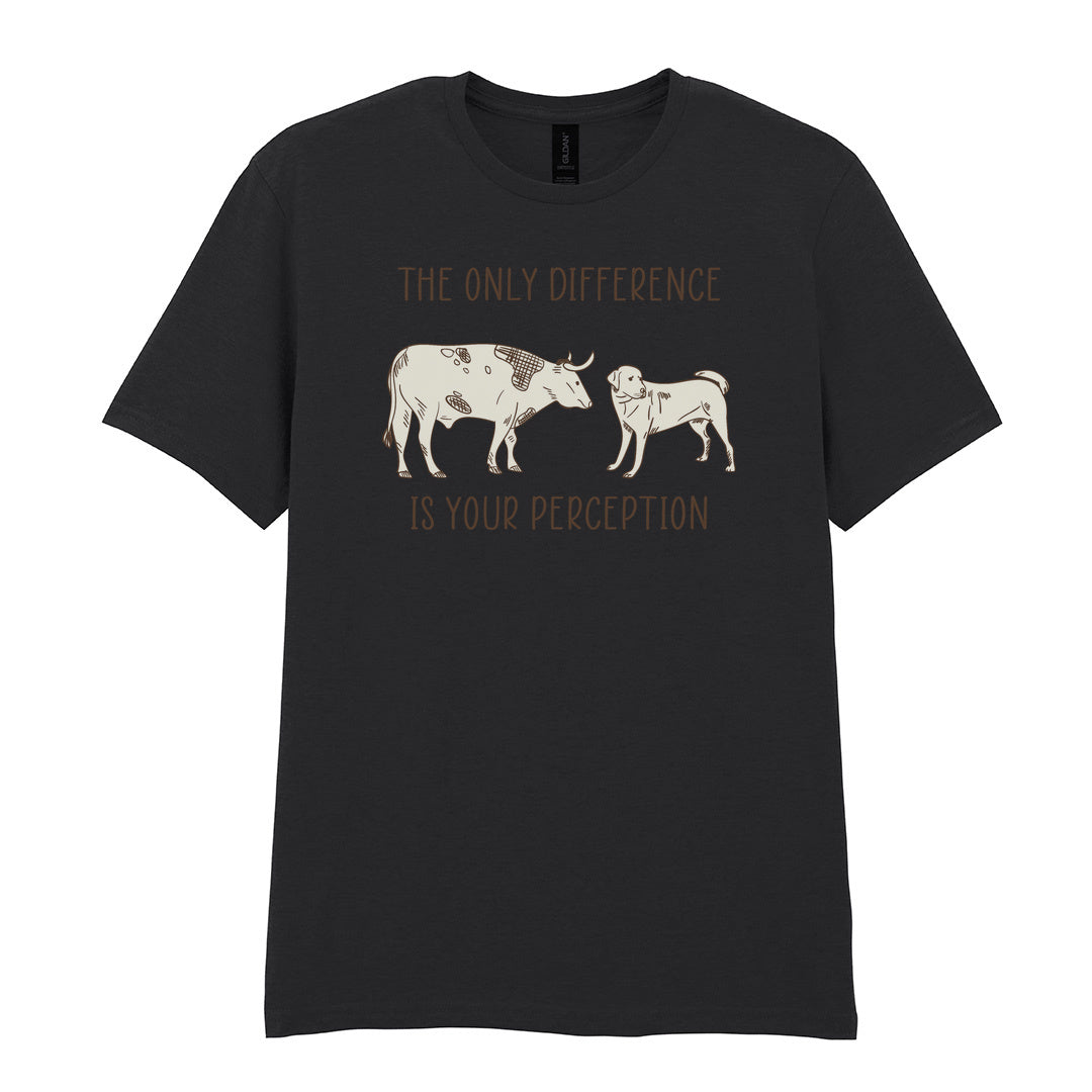 IPRINTOP The Only Difference Is Your Perception Graphic T-Shirt in Black - cow and dog comparison illustration