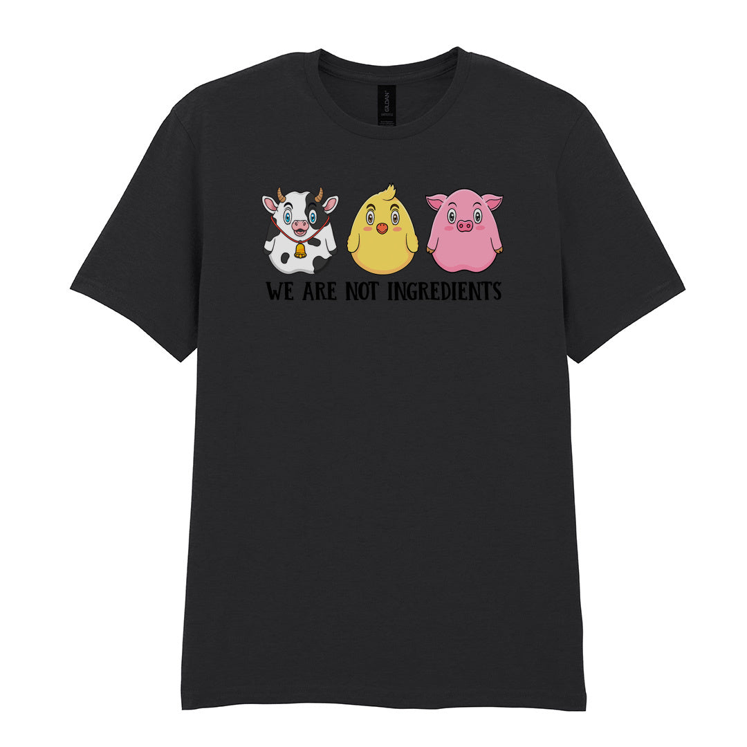 IPRINTOP We Are Not Ingredients Graphic T-Shirt in Black - cartoon cow, chick and pig