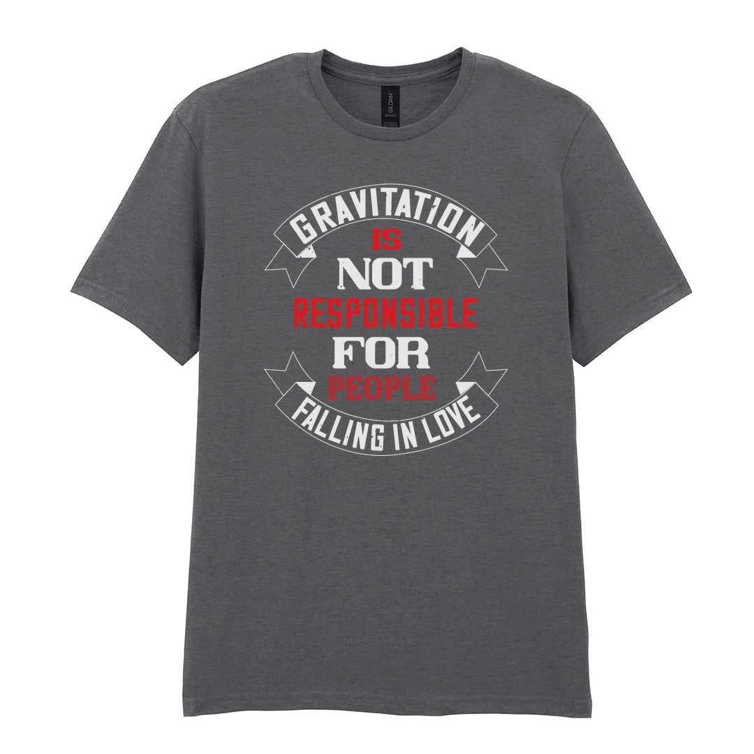 IPRINTOP Gravitation Is Not Responsible Graphic T-Shirt in Charcoal - red and white lettering with banners
