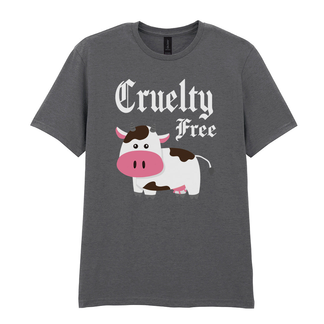 IPRINTOP Cruelty-Free Graphic T-Shirt in Charcoal - cartoon cow and Cruelty Free lettering