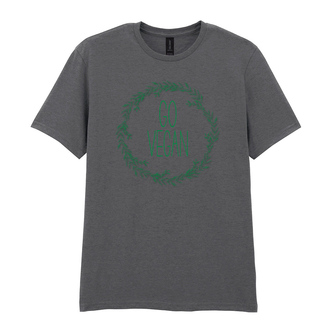 IPRINTOP Go Vegan Graphic T-Shirt in Charcoal - Go Vegan lettering in a leafy wreath