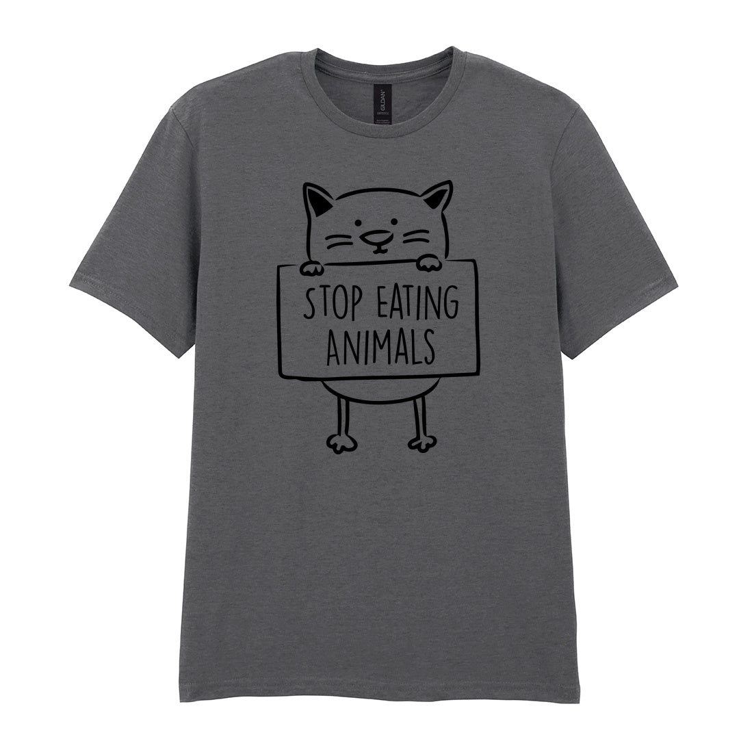IPRINTOP Stop Eating Animals Graphic T-Shirt in Charcoal - cat holding Stop Eating Animals sign