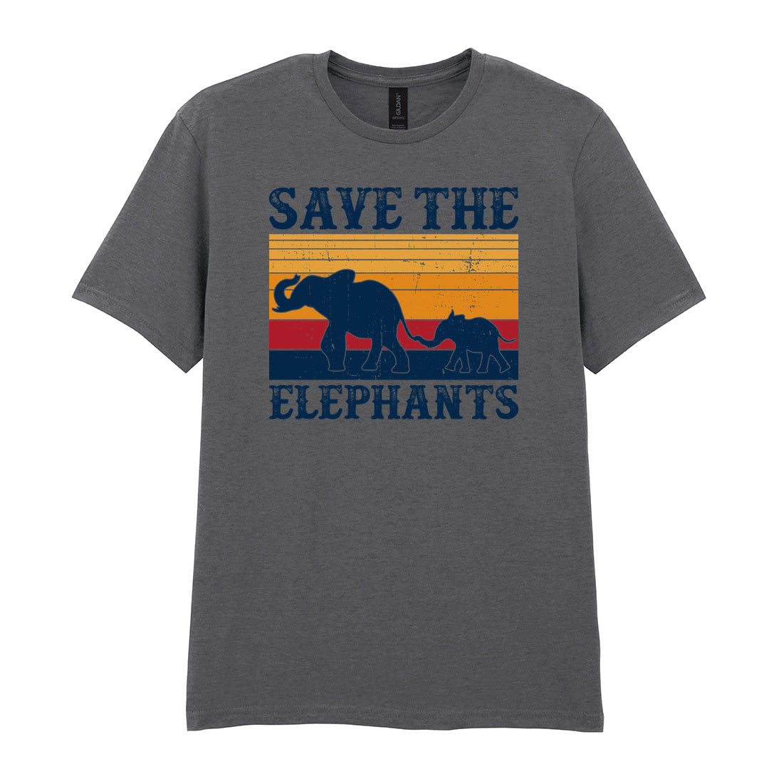 IPRINTOP Save The Elephants Graphic T-Shirt in Charcoal - elephant silhouettes and sunset stripes