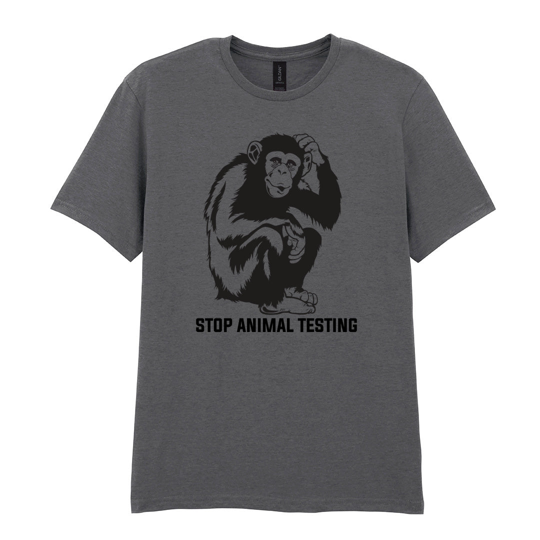 IPRINTOP Stop Animal Testing Graphic T-Shirt in Charcoal - chimpanzee and Stop Animal Testing