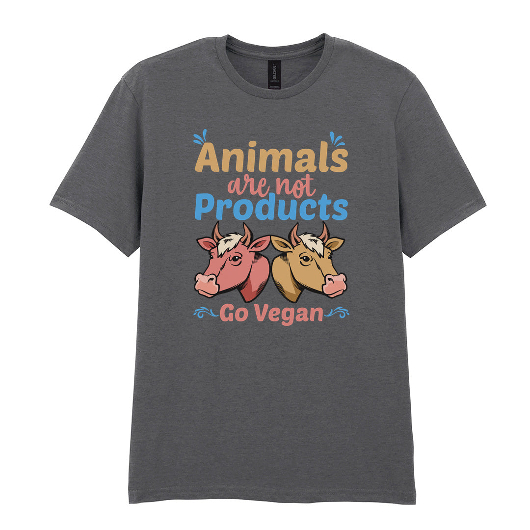 IPRINTOP Animals Are Not Products Go Vegan Graphic T-Shirt in Charcoal - two cows and colourful lettering