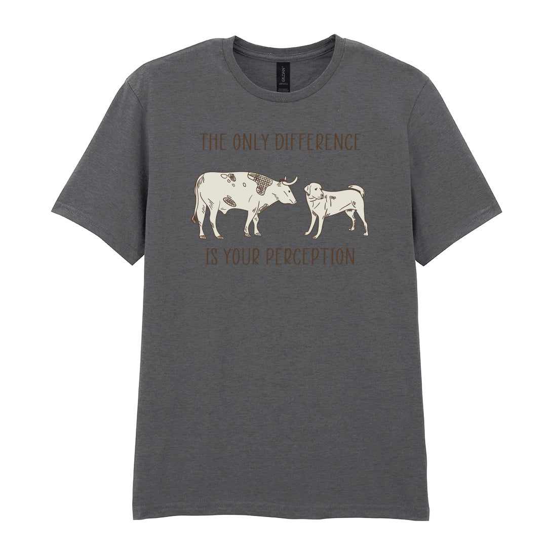 IPRINTOP The Only Difference Is Your Perception Graphic T-Shirt in Charcoal - cow and dog comparison illustration