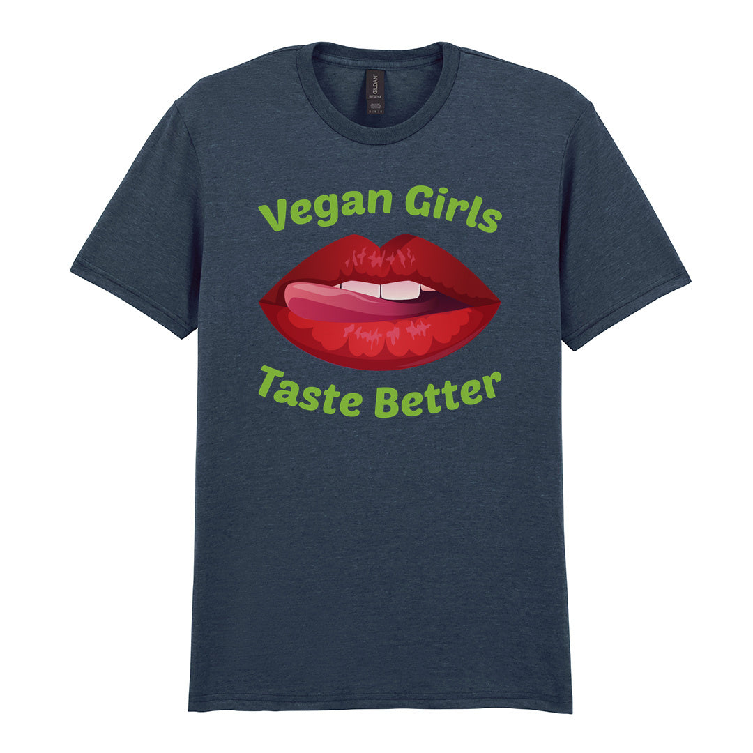IPRINTOP Vegan Girls Taste Better Graphic T-Shirt in Dark Heather - red lips and green lettering