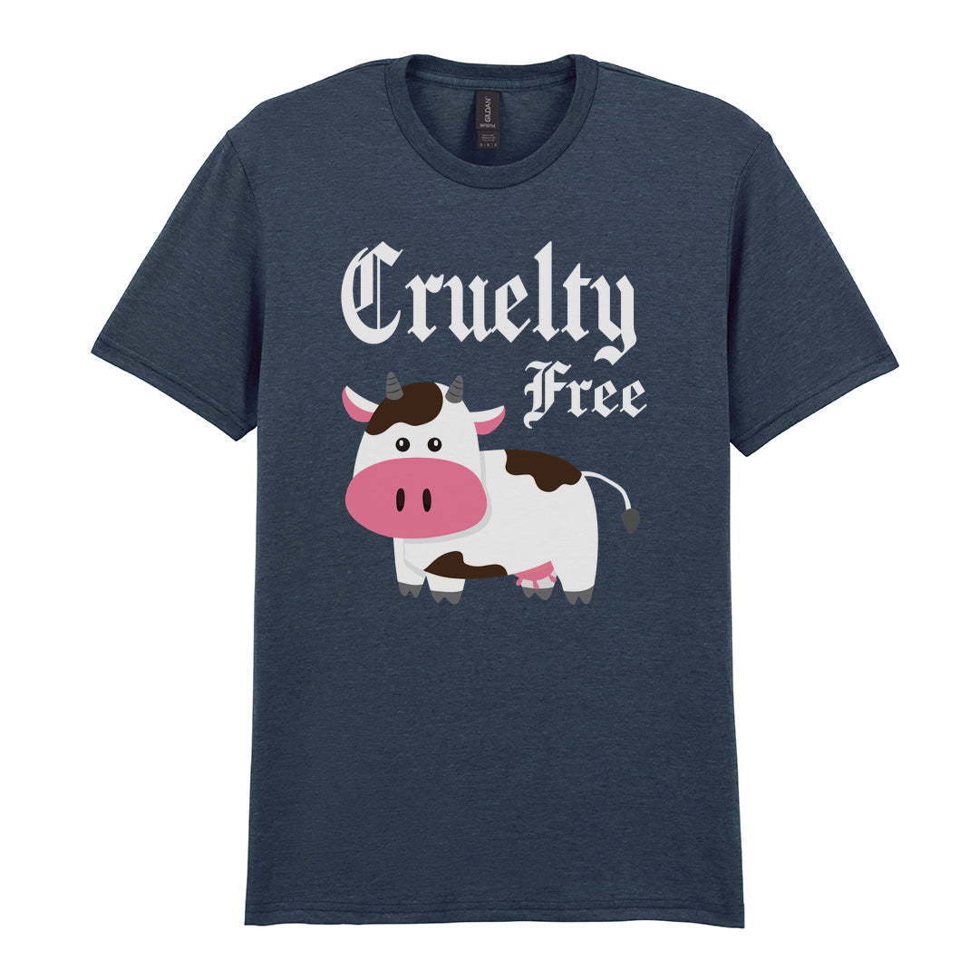 IPRINTOP Cruelty-Free Graphic T-Shirt in Dark Heather - cartoon cow and Cruelty Free lettering