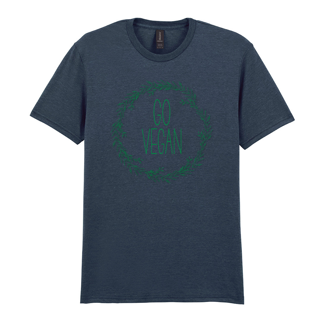 IPRINTOP Go Vegan Graphic T-Shirt in Dark Heather - Go Vegan lettering in a leafy wreath