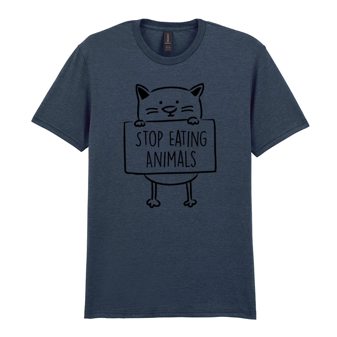 IPRINTOP Stop Eating Animals Graphic T-Shirt in Dark Heather - cat holding Stop Eating Animals sign