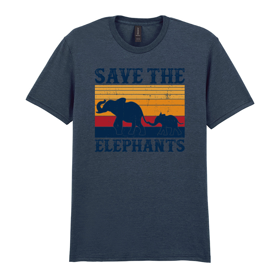 IPRINTOP Save The Elephants Graphic T-Shirt in Dark Heather - elephant silhouettes and sunset stripes