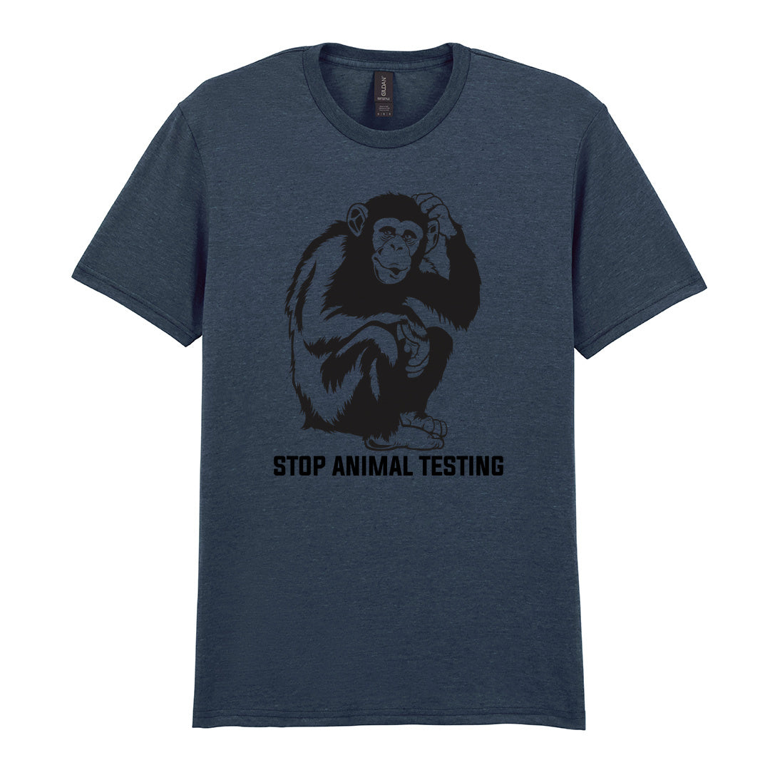 IPRINTOP Stop Animal Testing Graphic T-Shirt in Dark Heather - chimpanzee and Stop Animal Testing