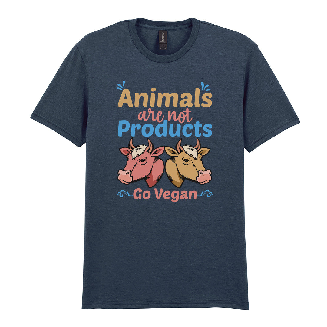 IPRINTOP Animals Are Not Products Go Vegan Graphic T-Shirt in Dark Heather - two cows and colourful lettering