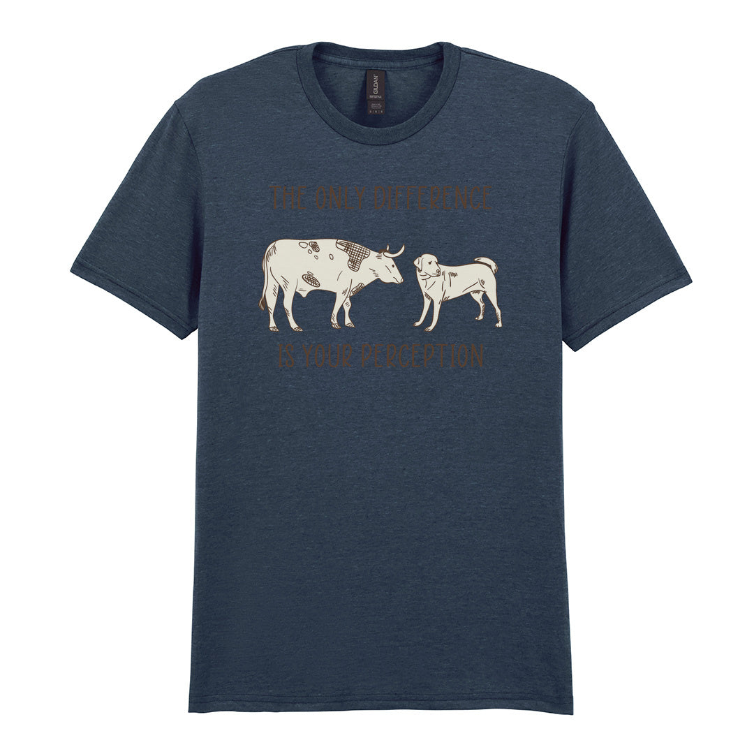 IPRINTOP The Only Difference Is Your Perception Graphic T-Shirt in Dark Heather - cow and dog comparison illustration