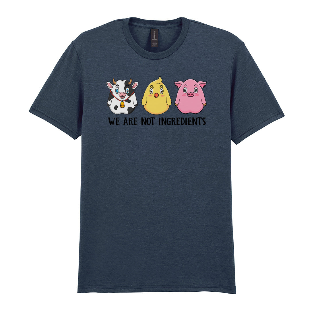 IPRINTOP We Are Not Ingredients Graphic T-Shirt in Dark Heather - cartoon cow, chick and pig