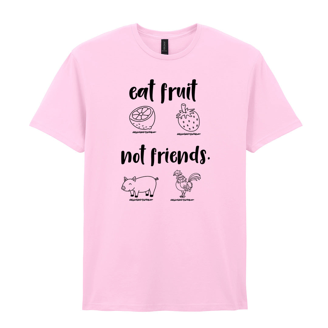 IPRINTOP Eat Fruit Not Friends Graphic T-Shirt in Light Pink - fruit, pig and chicken illustrations