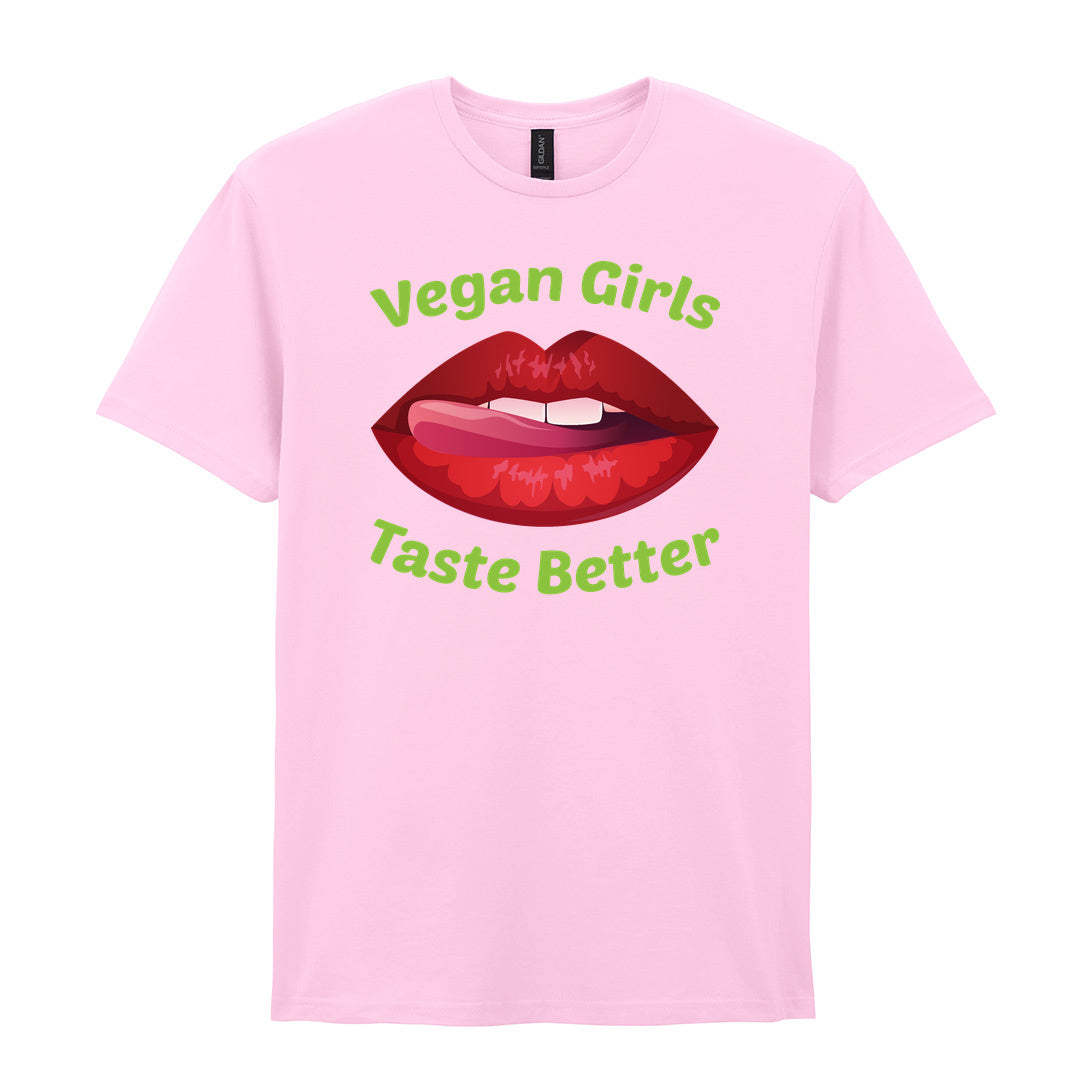 IPRINTOP Vegan Girls Taste Better Graphic T-Shirt in Light Pink - red lips and green lettering