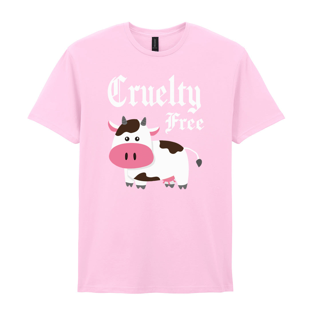 IPRINTOP Cruelty-Free Graphic T-Shirt in Light Pink - cartoon cow and Cruelty Free lettering