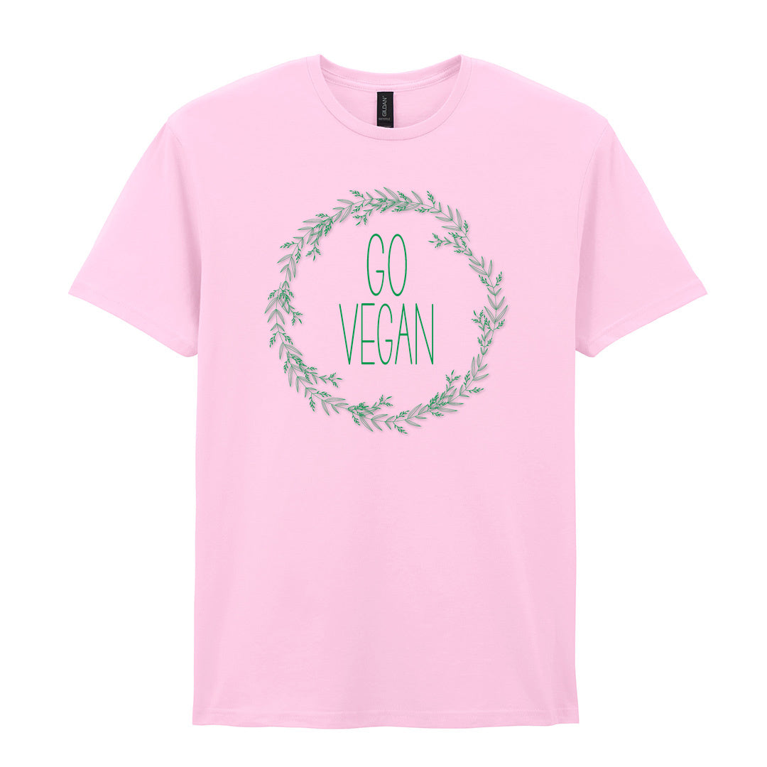 IPRINTOP Go Vegan Graphic T-Shirt in Light Pink - Go Vegan lettering in a leafy wreath