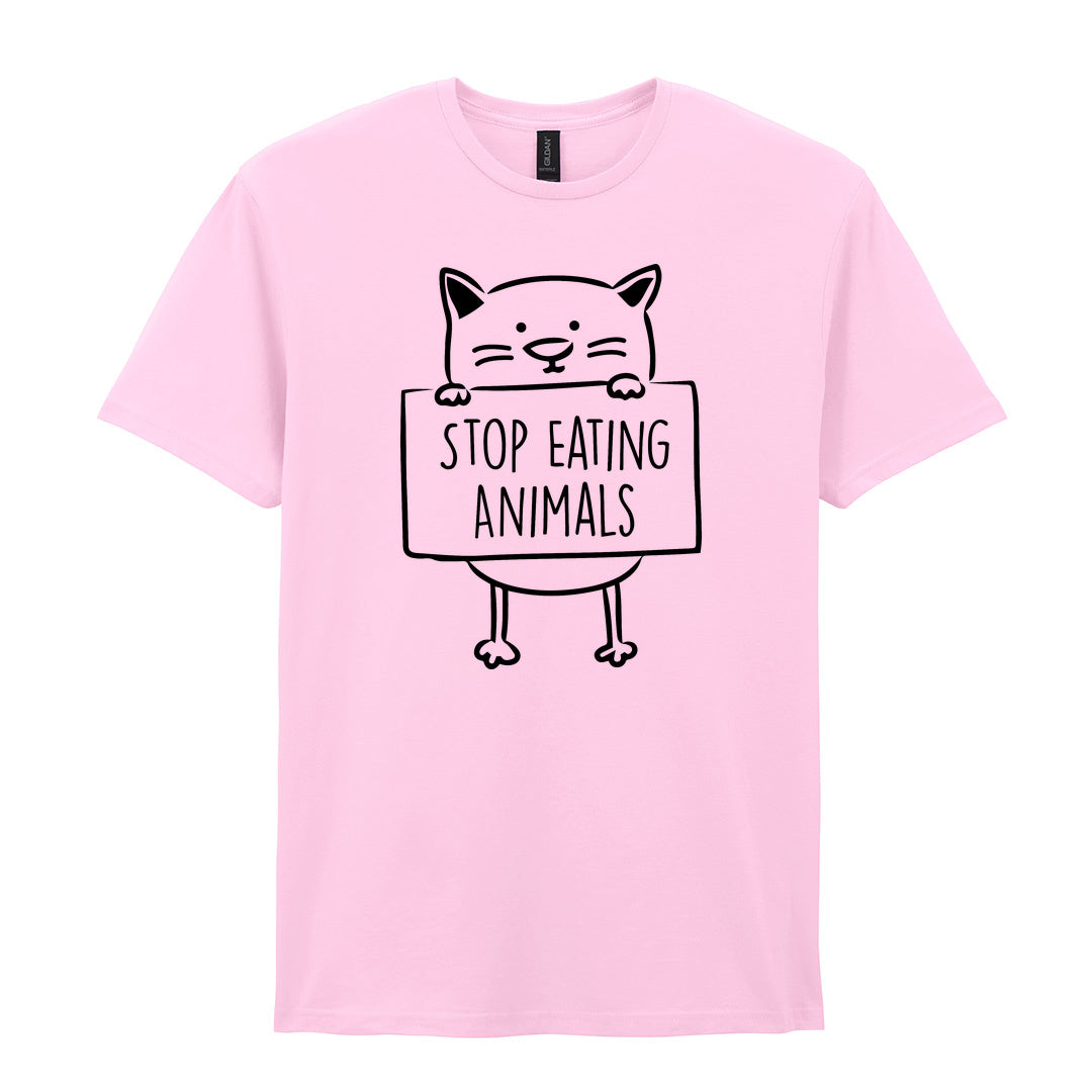 IPRINTOP Stop Eating Animals Graphic T-Shirt in Light Pink - cat holding Stop Eating Animals sign