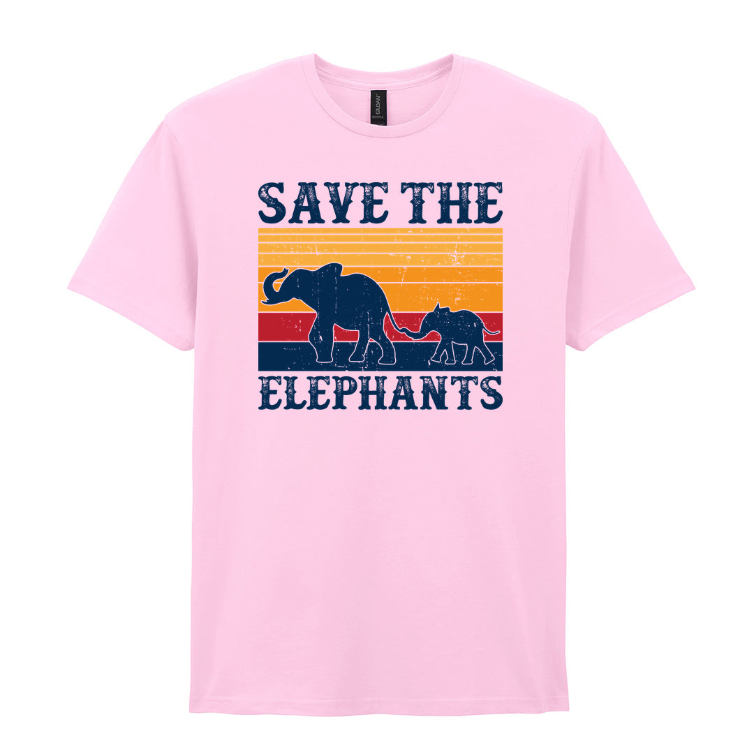 IPRINTOP Save The Elephants Graphic T-Shirt in Light Pink - elephant silhouettes and sunset stripes