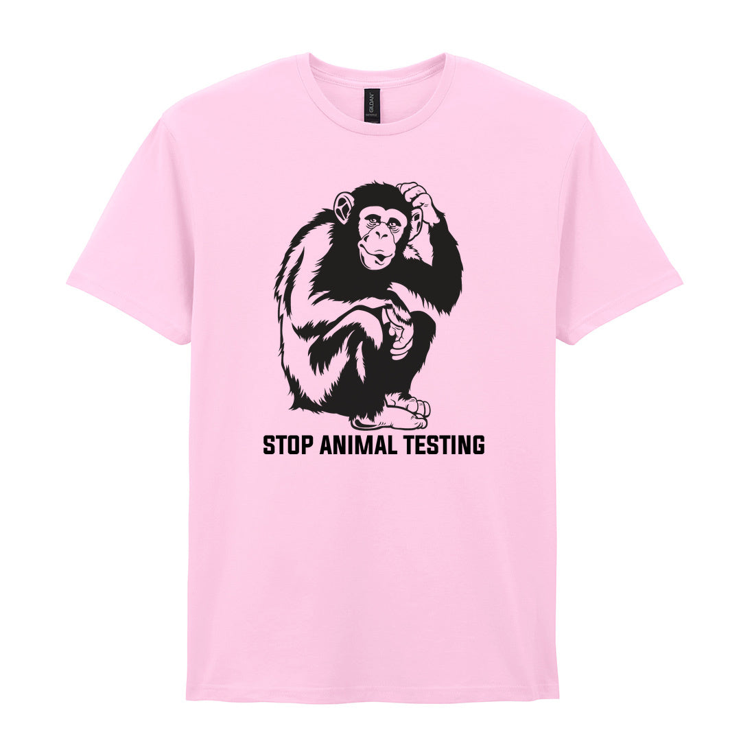 IPRINTOP Stop Animal Testing Graphic T-Shirt in Light Pink - chimpanzee and Stop Animal Testing