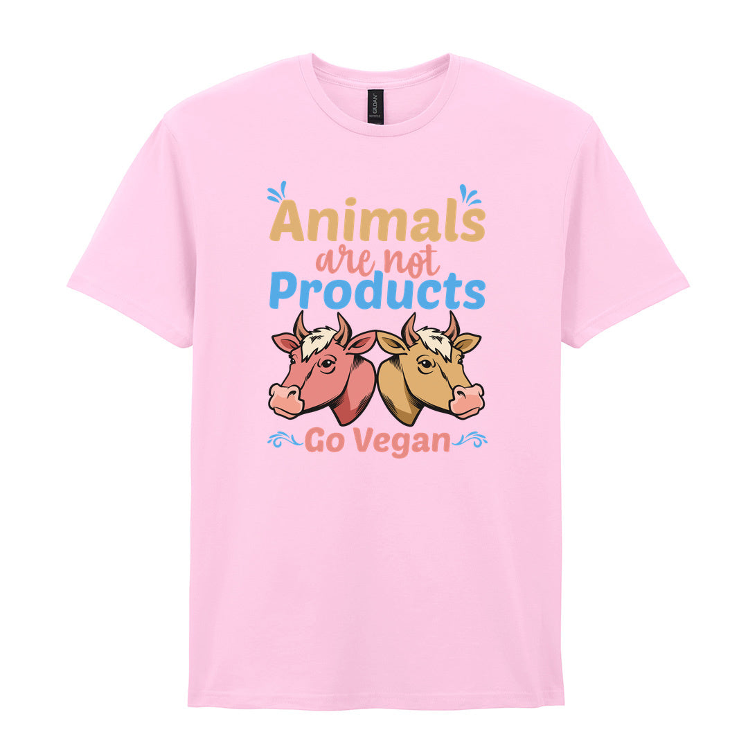 IPRINTOP Animals Are Not Products Go Vegan Graphic T-Shirt in Light Pink - two cows and colourful lettering