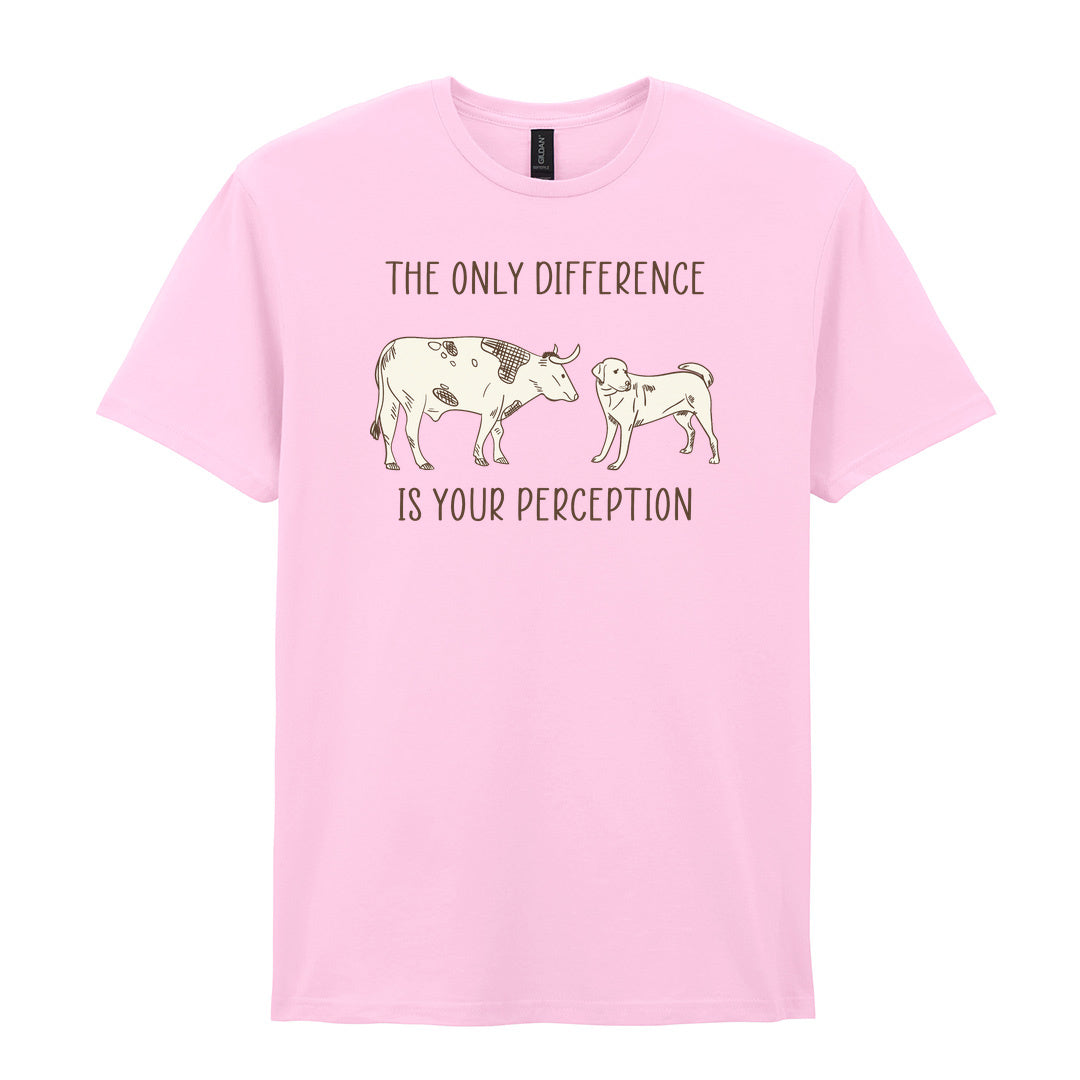 IPRINTOP The Only Difference Is Your Perception Graphic T-Shirt in Light Pink - cow and dog comparison illustration
