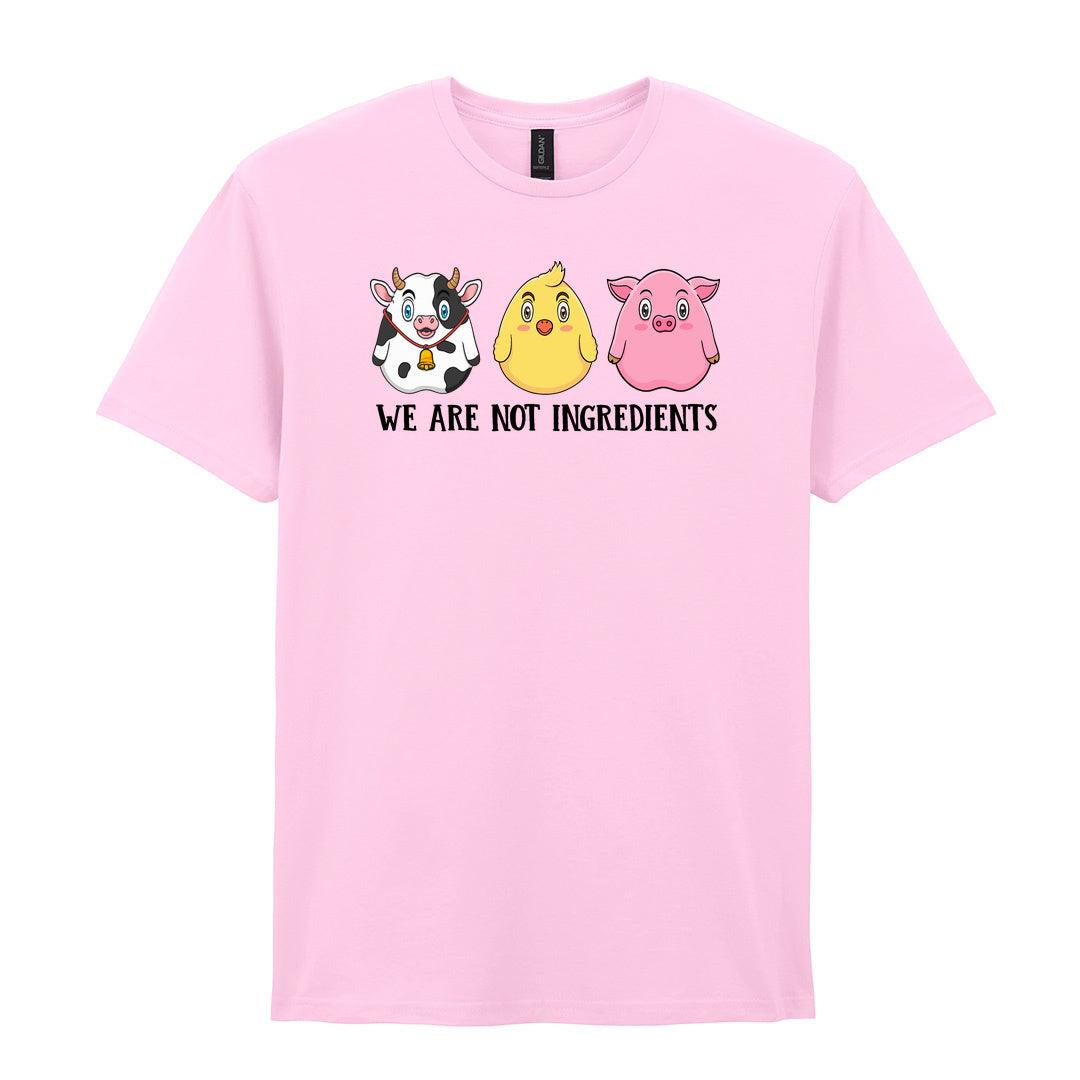 IPRINTOP We Are Not Ingredients Graphic T-Shirt in Light Pink - cartoon cow, chick and pig