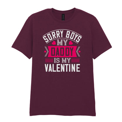 IPRINTOP Sorry Boys My Daddy Is My Valentine Graphic T-Shirt in Maroon - decorative love-themed lettering