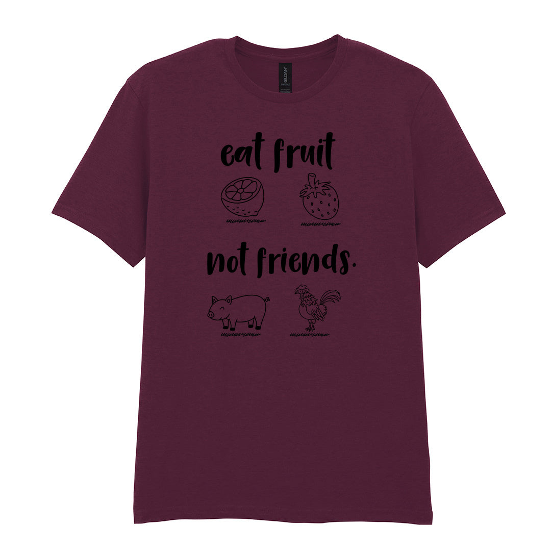 IPRINTOP Eat Fruit Not Friends Graphic T-Shirt in Maroon - fruit, pig and chicken illustrations