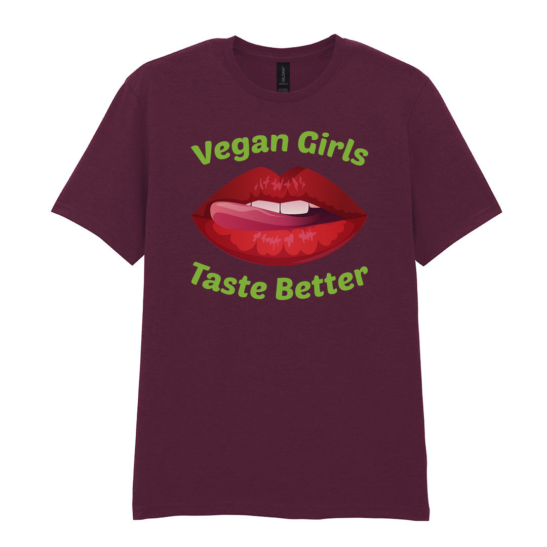 IPRINTOP Vegan Girls Taste Better Graphic T-Shirt in Maroon - red lips and green lettering
