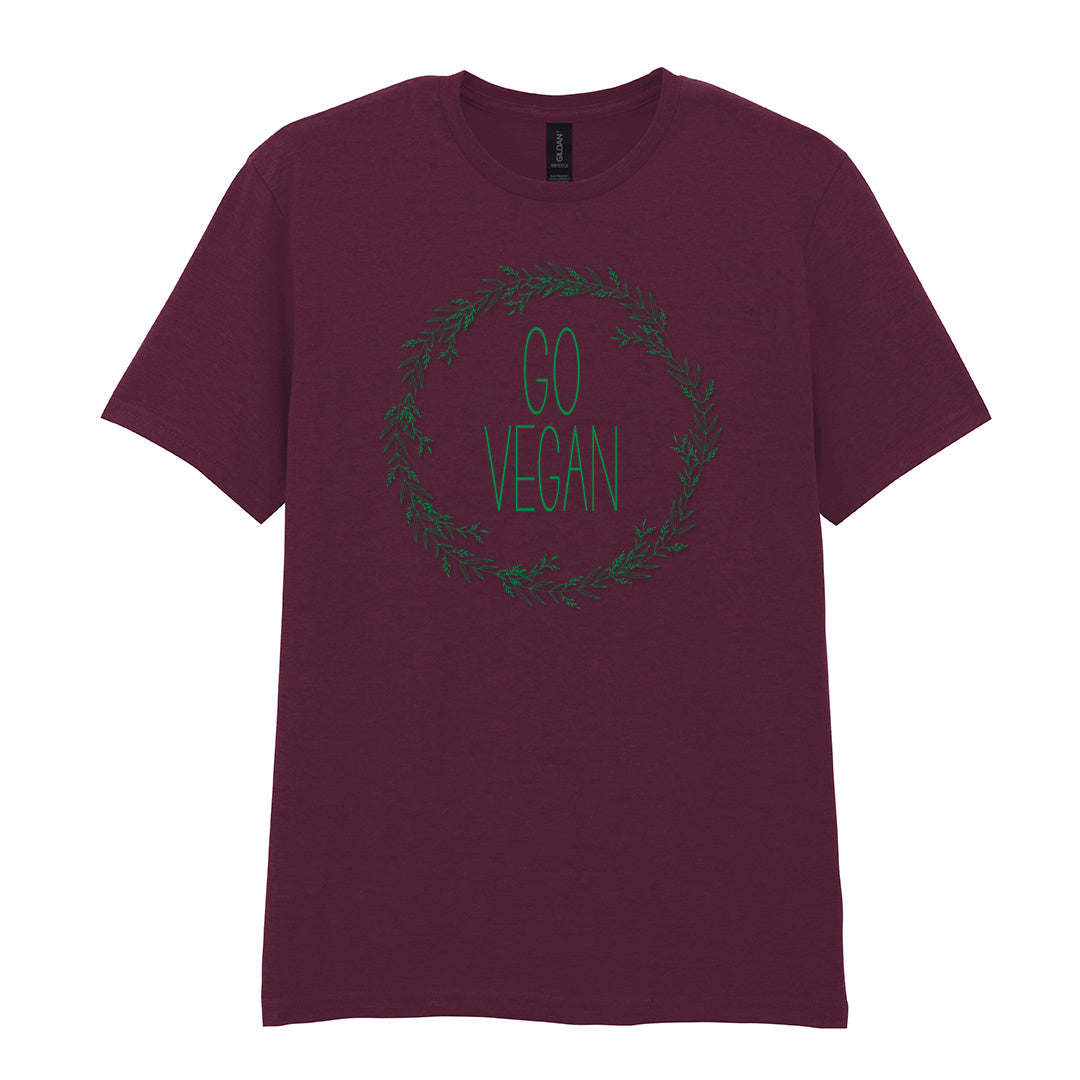 IPRINTOP Go Vegan Graphic T-Shirt in Maroon - Go Vegan lettering in a leafy wreath