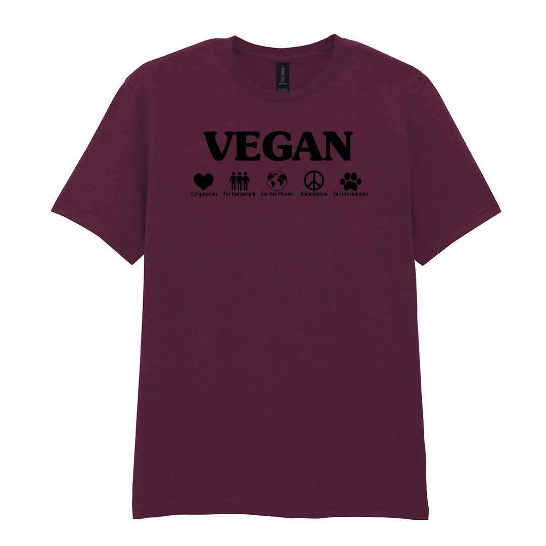 IPRINTOP Nonviolence for Animals People and Planet Graphic T-Shirt in Maroon - Vegan lettering and lifestyle icons